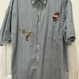 Warner Bros Blue and White Casual Button Down Shirt with Embroidered Designs